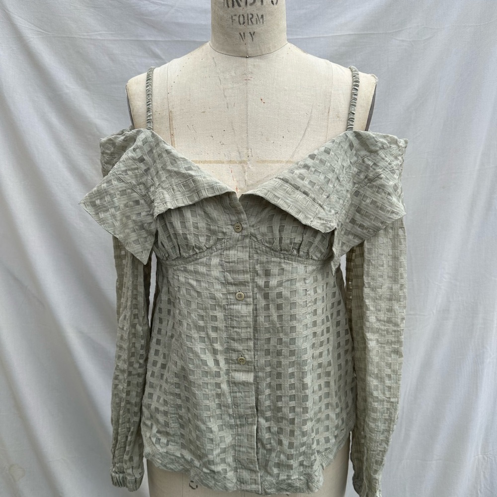 Jonathan Simkhai Muted Green Checkered Off-Shoulder Blouse